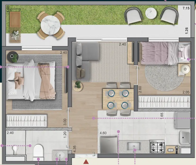 Planta 2 dormitórios – garden 44,90 m²