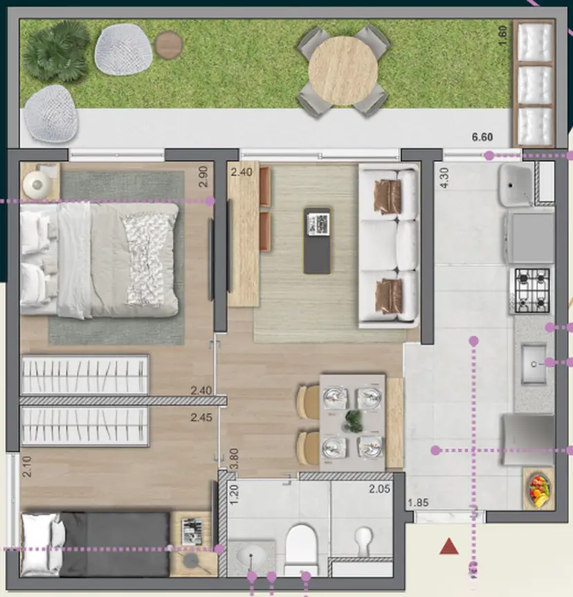 Planta 2 dormitórios – garden 46,76 m²