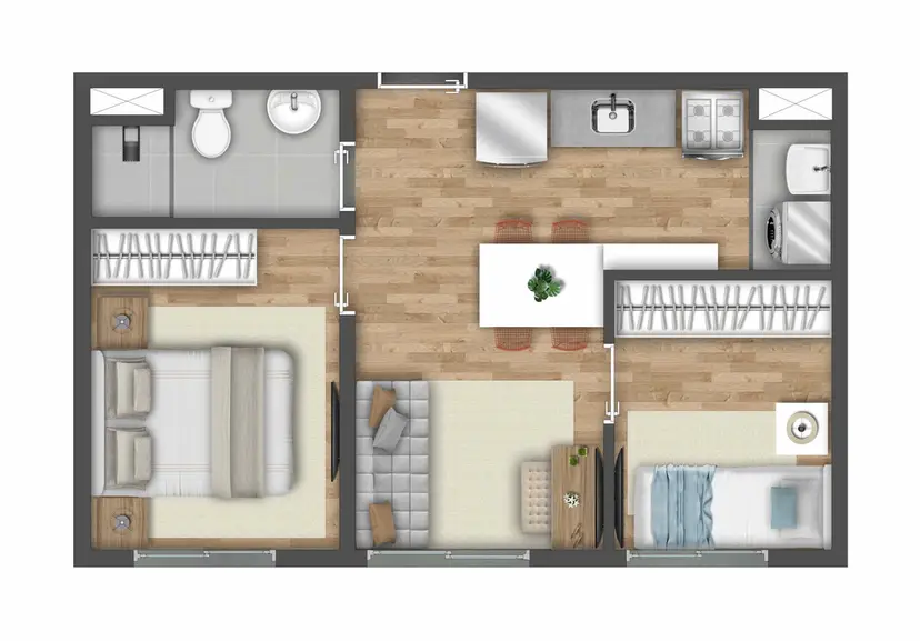 Planta 2 dormitórios 34 m²