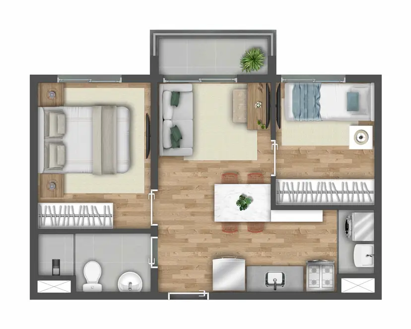 Planta 2 dormitórios 37 m²