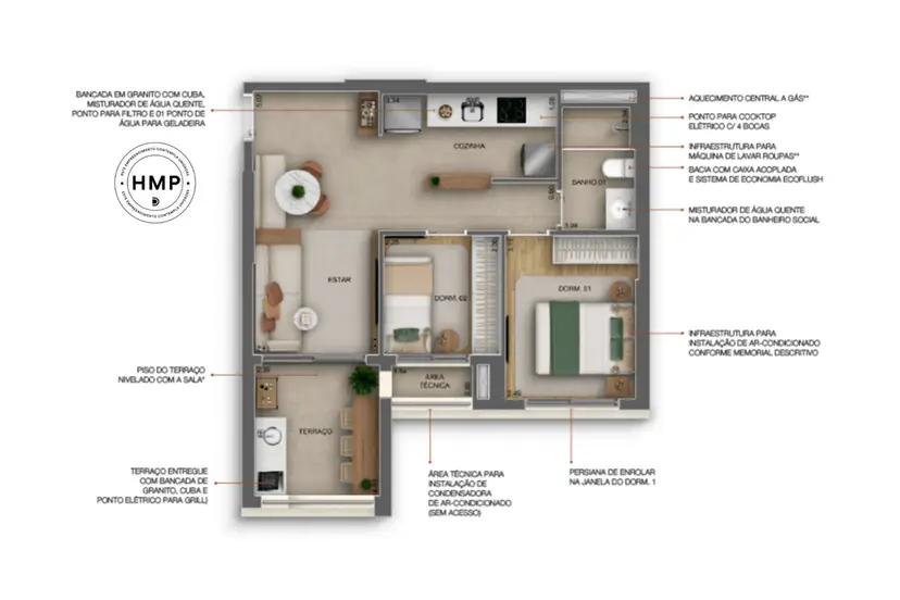 Planta 2 dormitórios 53 m²