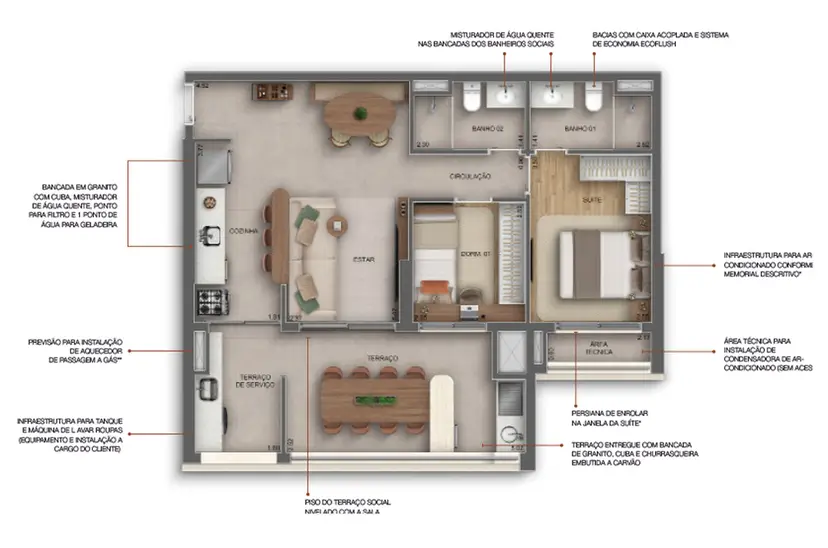Planta 2 dormitórios 75 m²