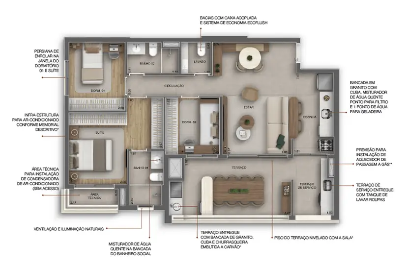 Planta 3 dormitórios 95 m²