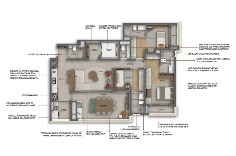 Planta 3 dormitórios 131 m²