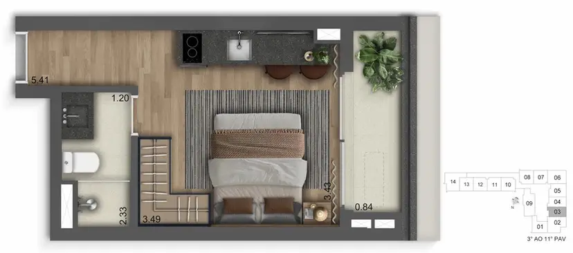 Planta Studio 23,75 m²