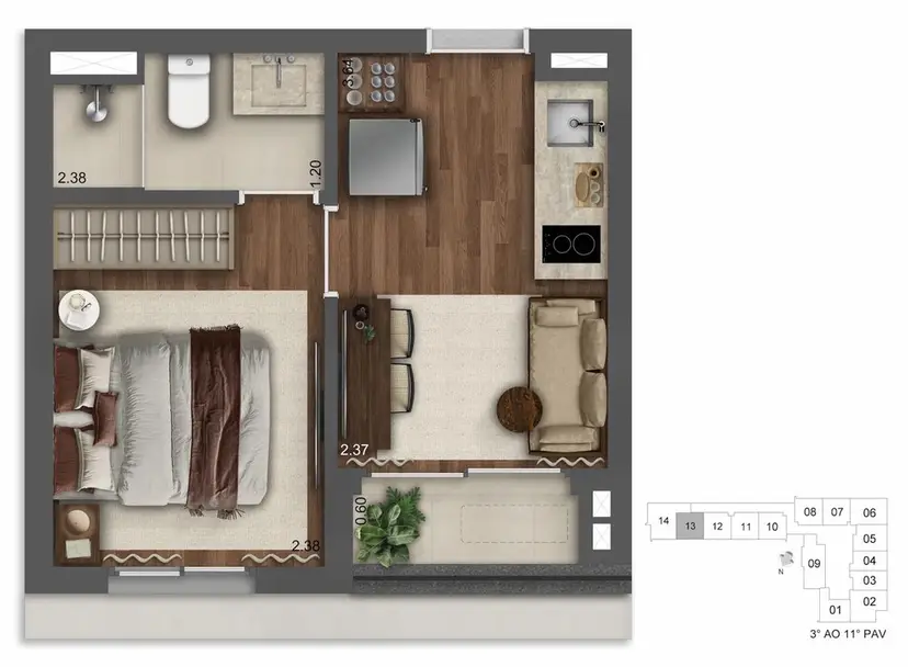 Planta 1 dormitório 24,55 m²