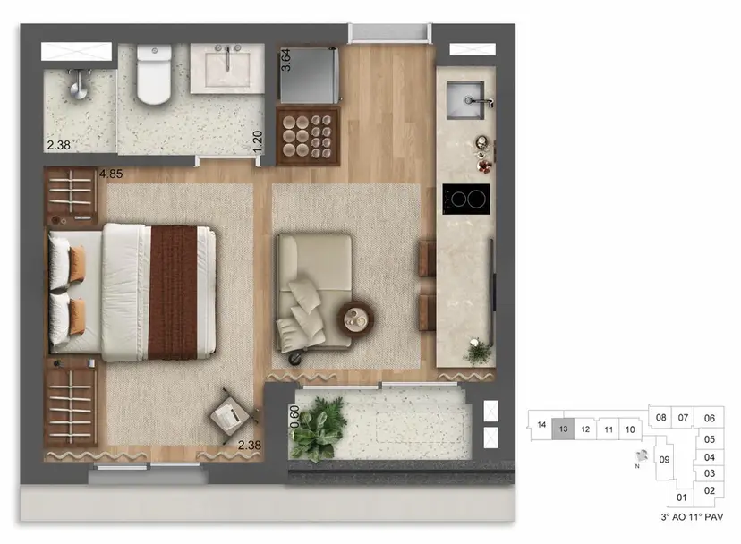 Planta Studio – opção de planta 24,55 m²