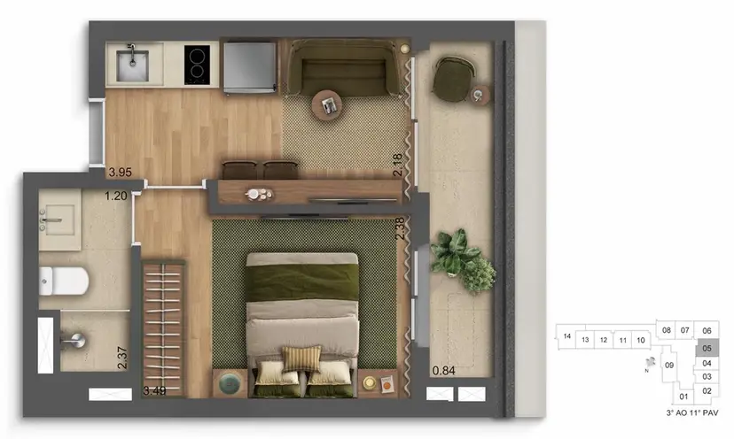 Planta 1 dormitório 29,05 m²