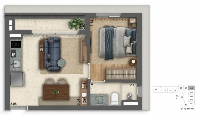 Planta 1 dormitório 33,10 m²