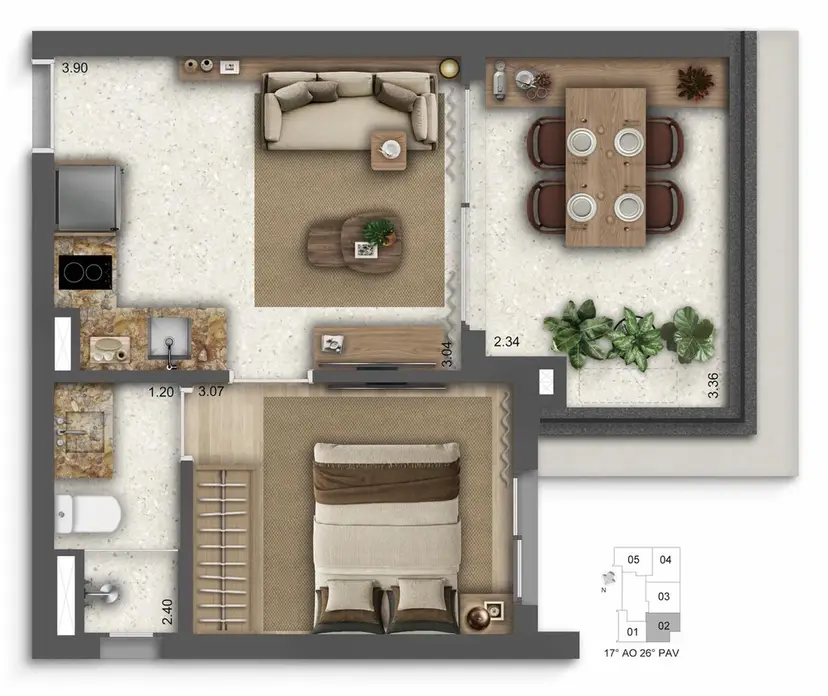 Planta 1 dormitório 35,75 m²