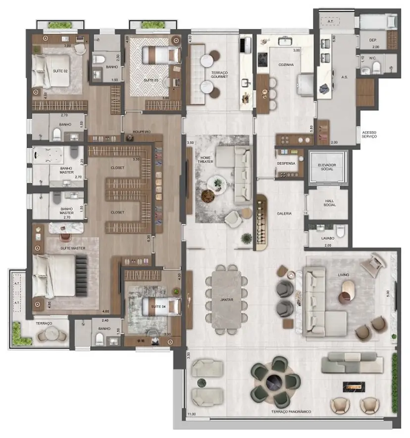 Planta 4 dormitórios 355 m²
