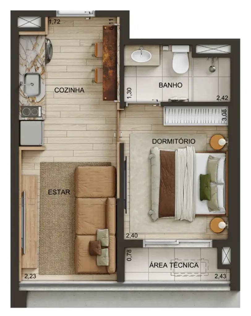 Planta 1 dormitório 31 m²