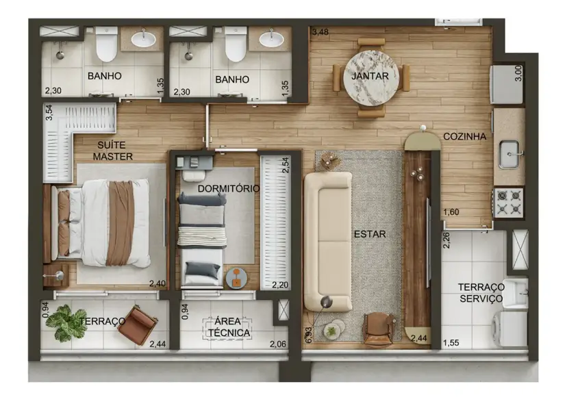 Planta 2 dormitórios 59 m²