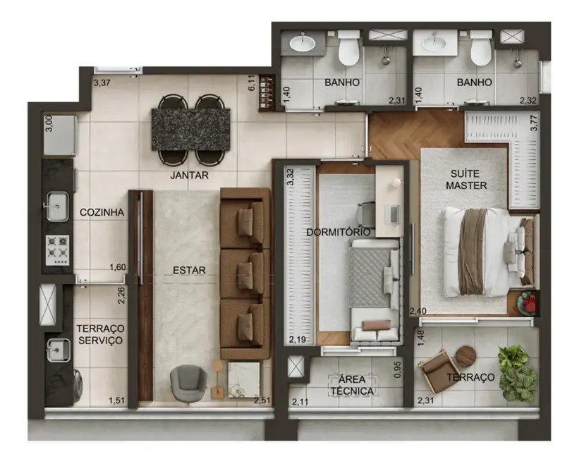 Planta 2 dormitórios 64 m²