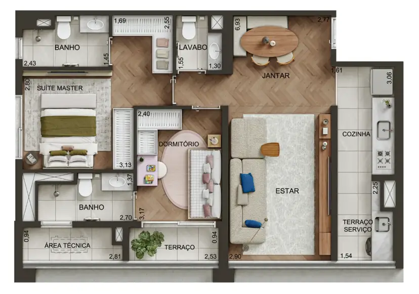 Planta 2 dormitórios 74 m²