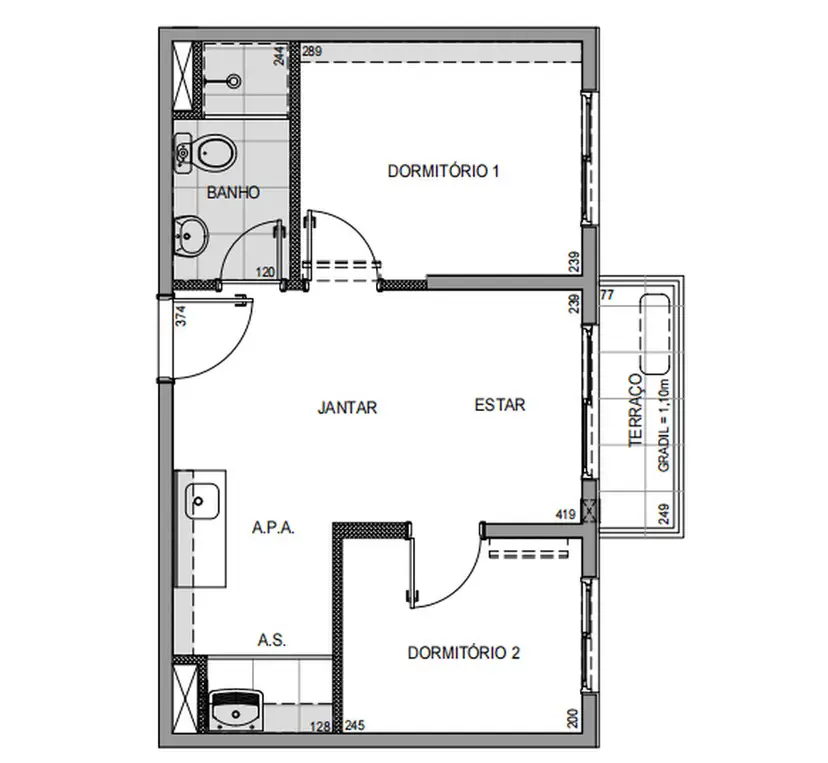 Planta 2 dormitórios 34 m²