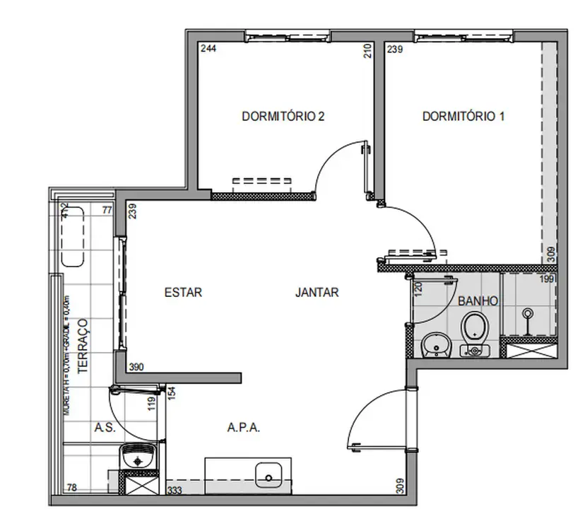 Planta 2 dormitórios 38 m²