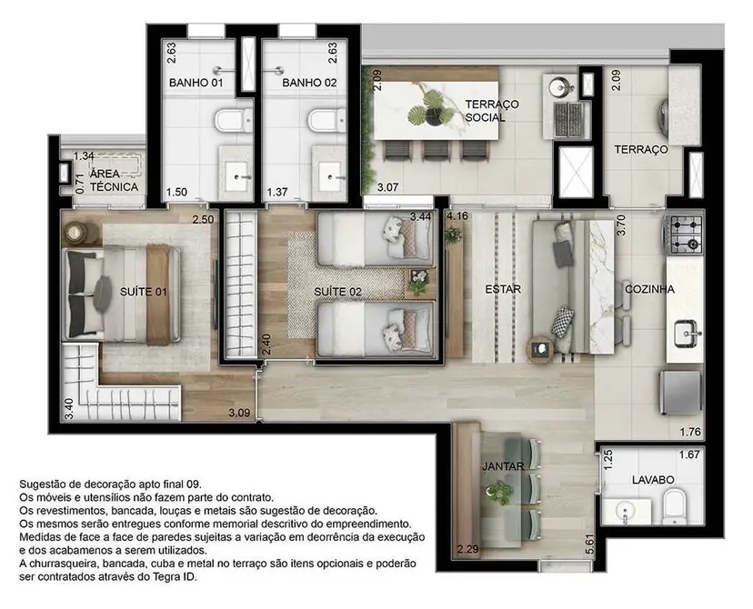 Planta 2 dormitórios 72 m²