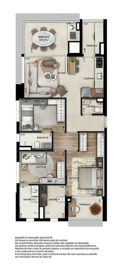Planta 3 dormitórios 105 m²