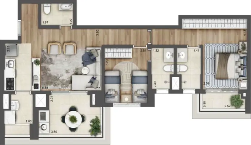 Planta 2 dormitórios – opção de planta 84 m²