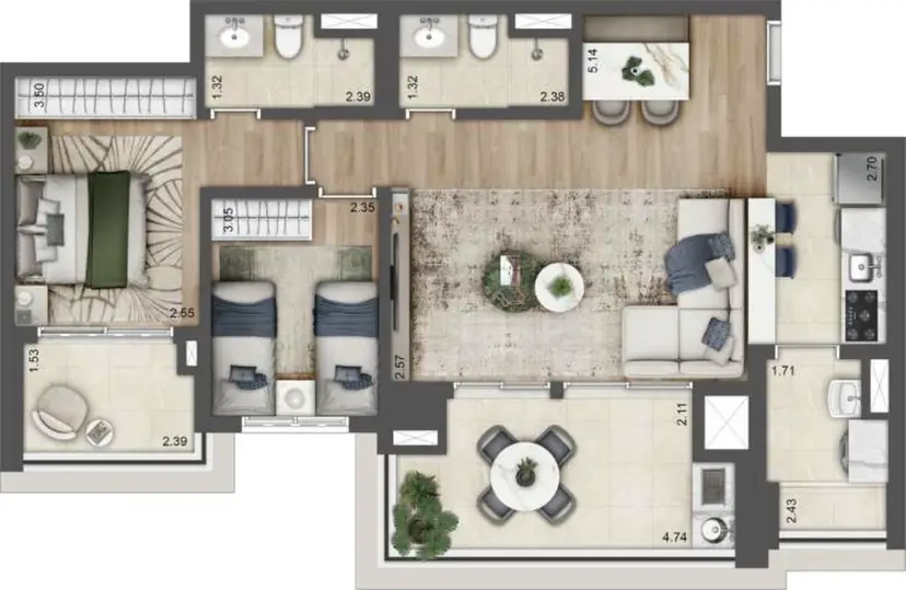 Planta 2 dormitórios – opção de planta 84 m²