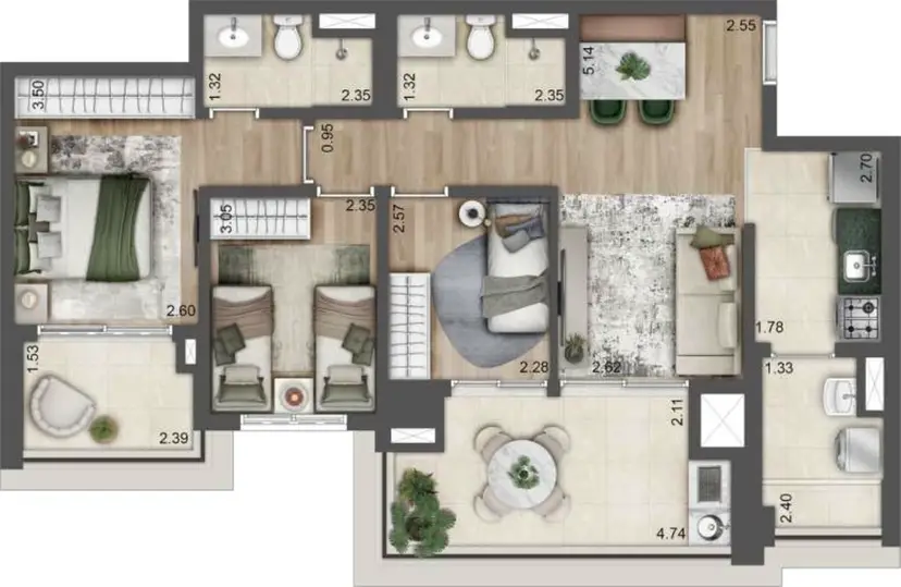 Planta 3 dormitórios 84 m²