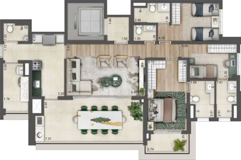 Planta 3 dormitórios 133 m²