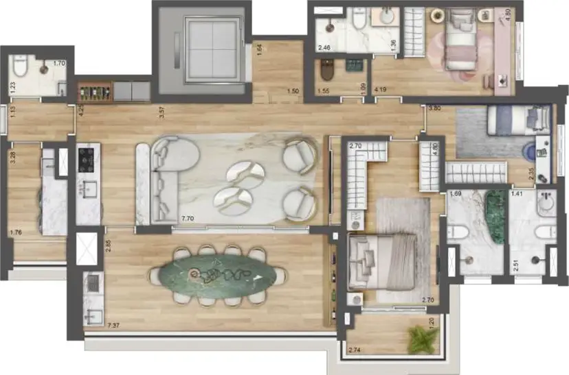 Planta 3 dormitórios 133 m²