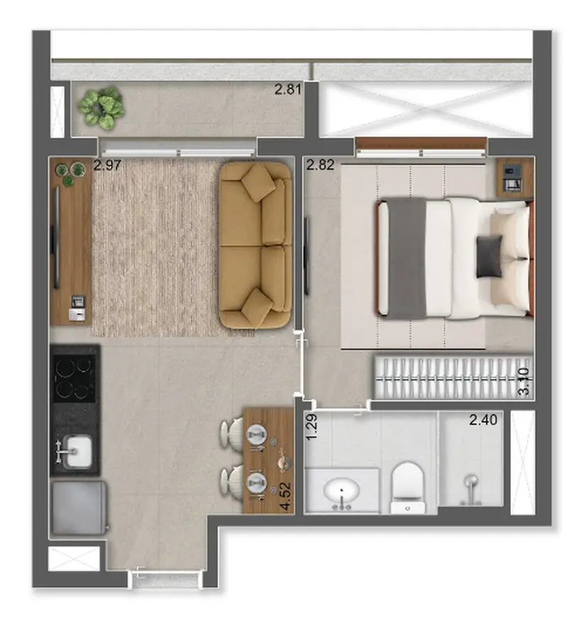 Planta 1 dormitório 33,75 m²