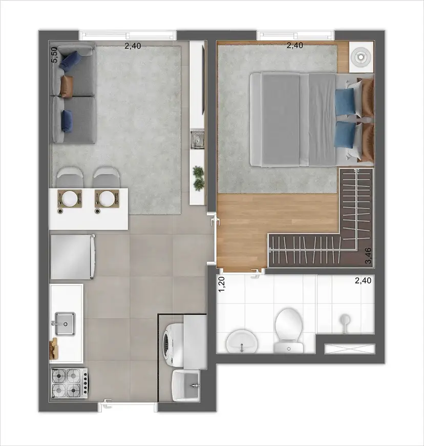 Planta 1 dormitório 24,79 m²