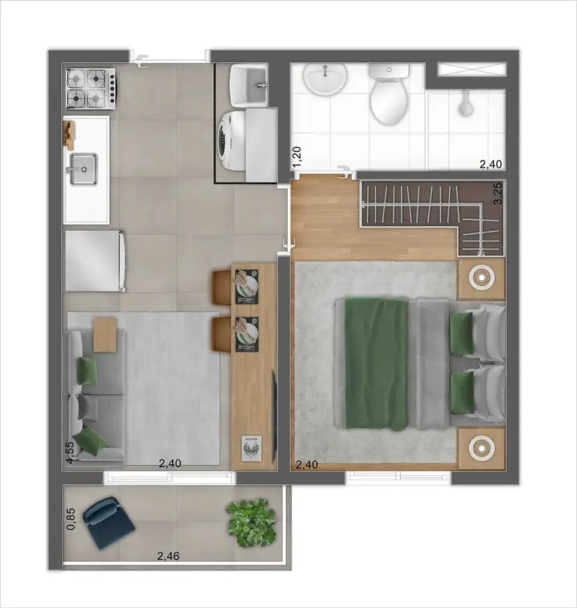 Planta 1 dormitório 27,43 m²