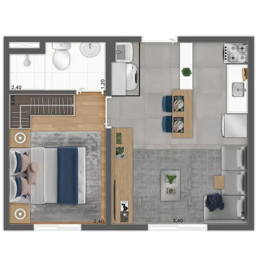 Planta 1 dormitório 29,92 m²