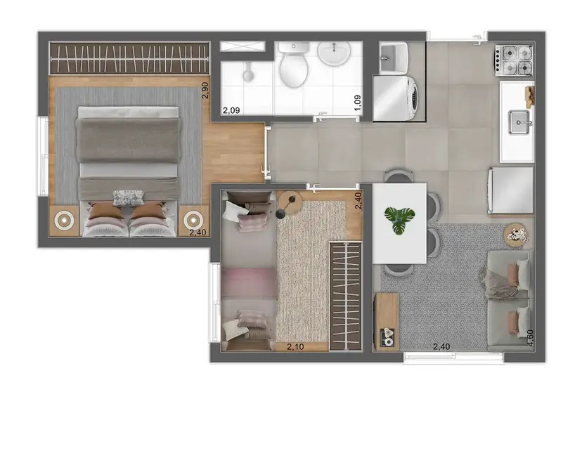 Planta 2 dormitórios 31,71 m²