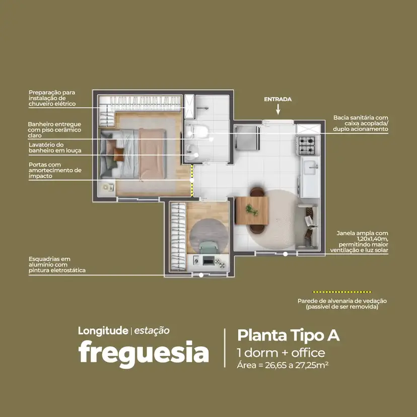 Planta 1 dormitório 27,25 m²