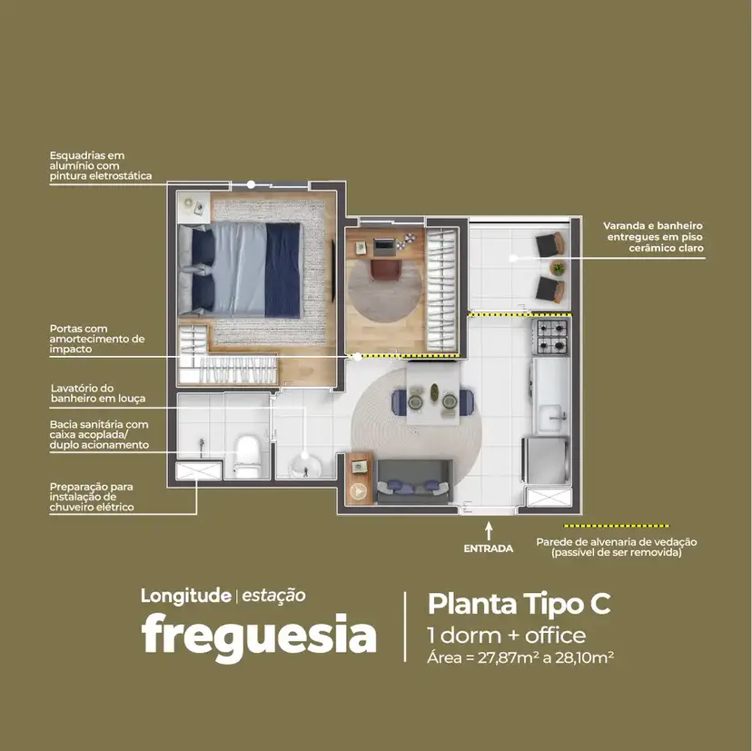 Planta 1 dormitório 28,10 m²