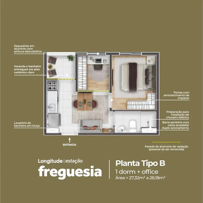 Planta 1 dormitório 28,18 m²