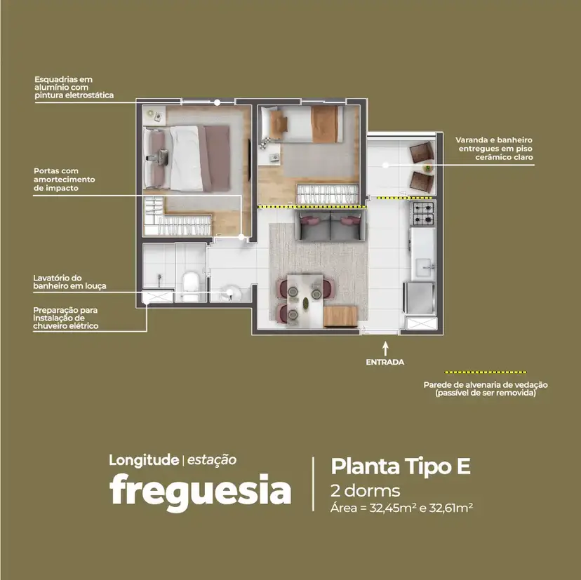 Planta 2 dormitórios 32,61 m²