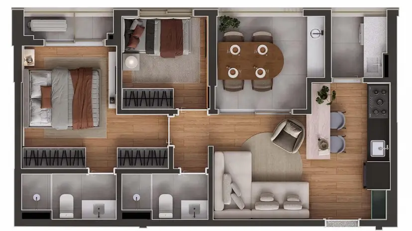 Planta 2 dormitórios 55,37 m²