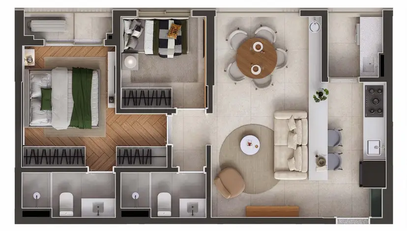 Planta 2 dormitórios – opção de planta 55,37 m²