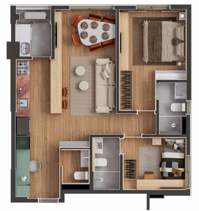 Planta 2 dormitórios 64,60 m²