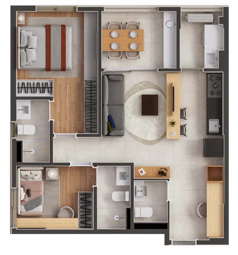 Planta 2 dormitórios – opção de planta 64,60 m²