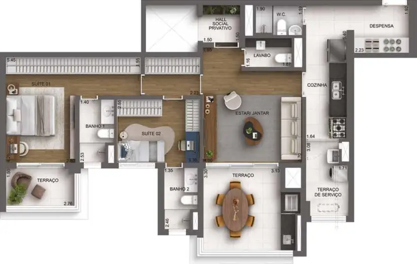 Planta 2 dormitórios 114 m²