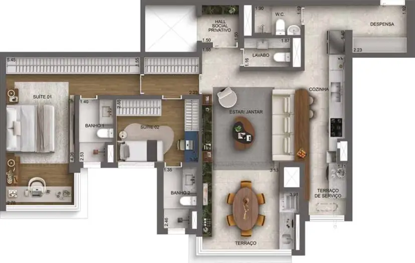 Planta 2 dormitórios – opção de planta 114 m²