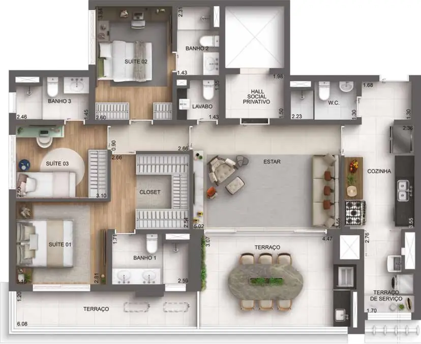 Planta 3 dormitórios 136 m²