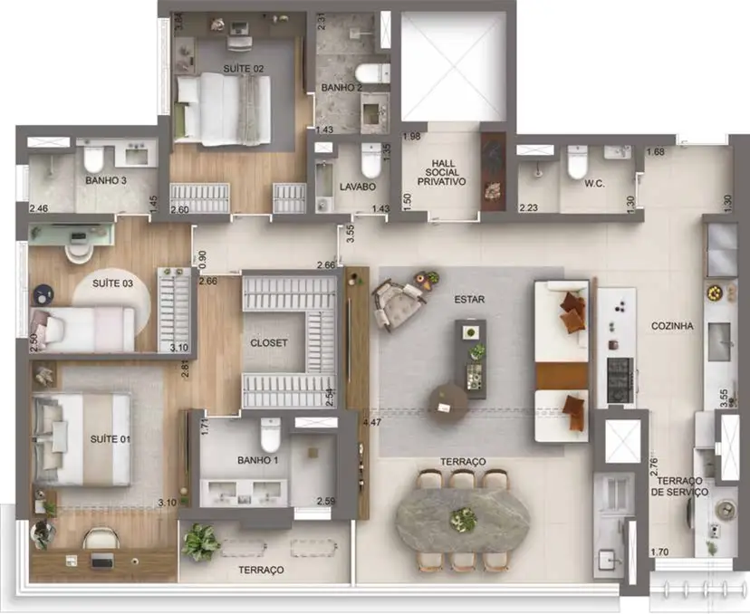 Planta 3 dormitórios – opção de planta 136 m²