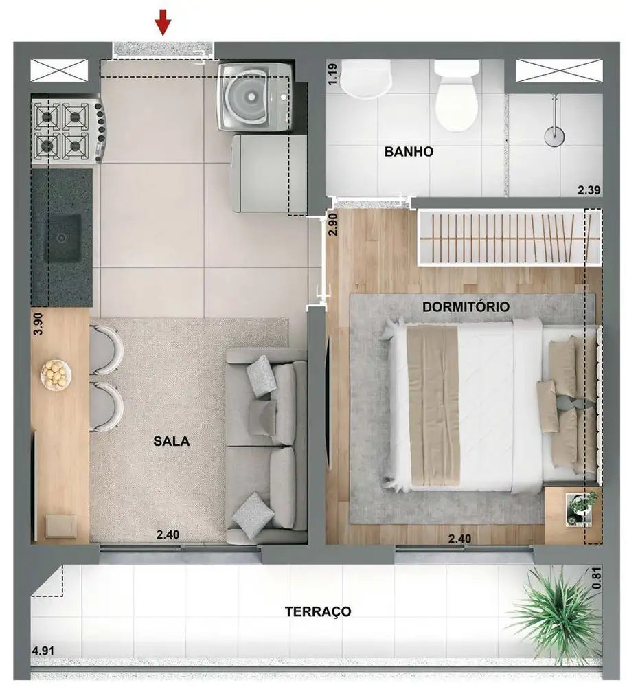 Planta 1 dormitório 27,89 m²
