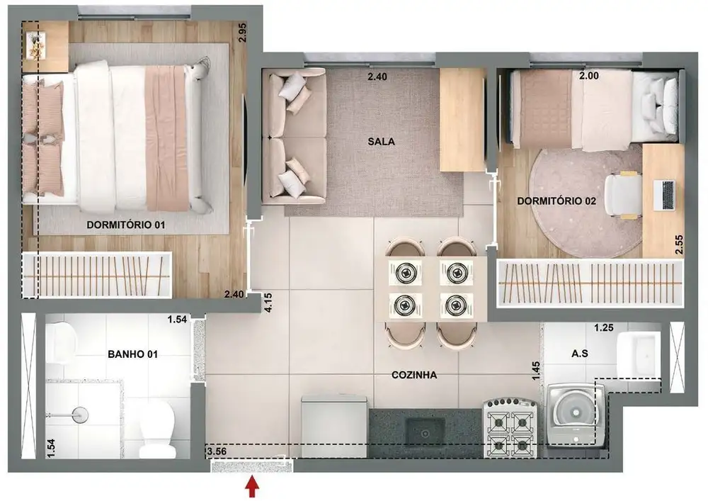 Planta 2 dormitórios 32,62 m²