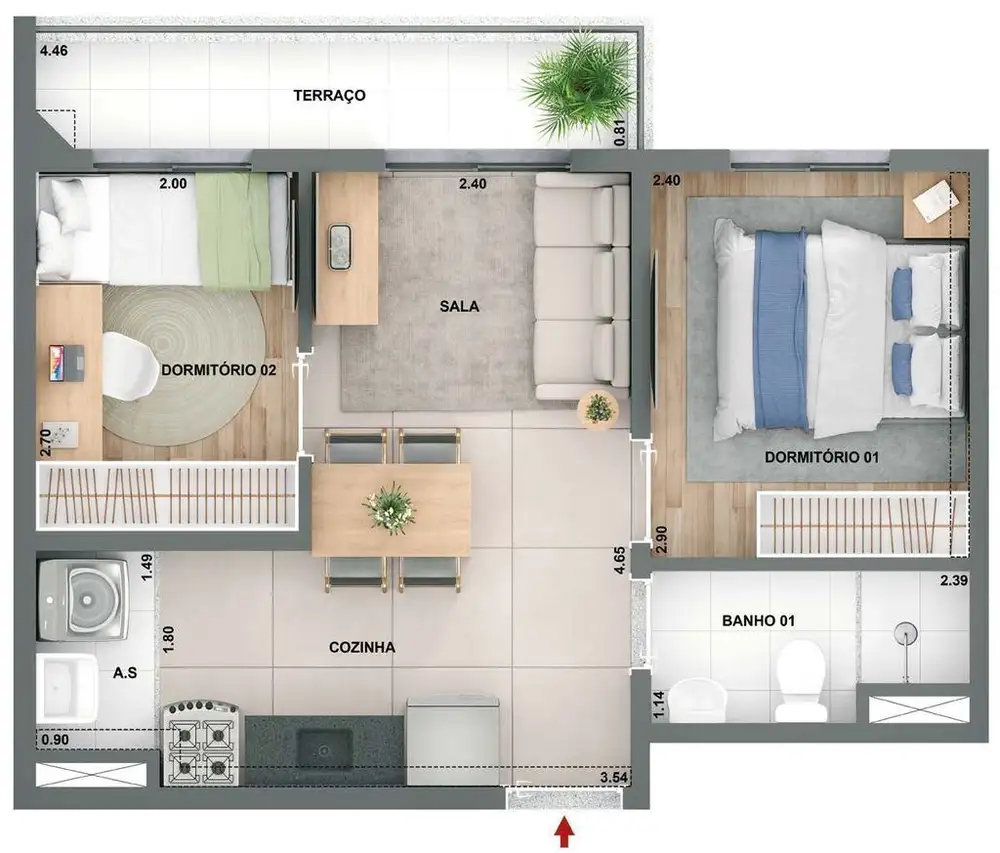 Planta 2 dormitórios 38,95 m²