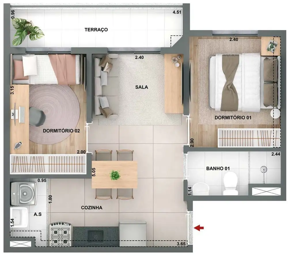 Planta 2 dormitórios 42,22 m²