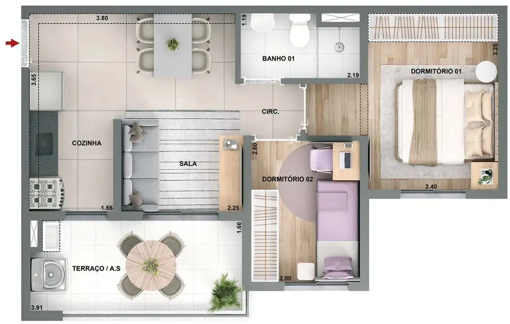 Planta 2 dormitórios 44,08 m²